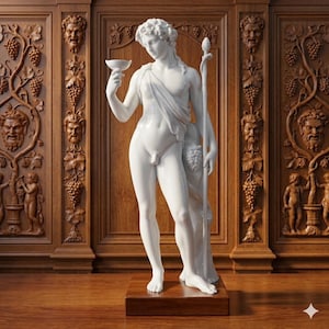 Puede incluir: Estatua de porcelana blanca de una figura masculina sosteniendo una copa y un bastón con una piña. La estatua está sobre una base de madera, con un fondo de paneles de madera con vides y caras talladas.