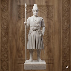 May include: A white marble statue of a standing figure in traditional attire, holding a spear and a sword. The figure wears a tall hat, tunic, and belted skirt. The statue is mounted on a rectangular base with a decorative border, set against a wooden background.