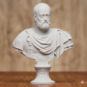 Puede incluir: Busto blanco de un hombre con barba y pelo corto, vestido con una prenda drapeada y armadura. La escultura está montada sobre un pedestal con detalles ornamentados. El fondo es una superficie de madera borrosa.