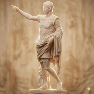 Puede incluir: Estatua detallada de color blanquecino de un emperador romano, señalando con el brazo derecho. La figura está vestida con armadura y drapeada con una tela, de pie sobre una base rectangular. La estatua tiene detalles intrincados y una estética clásica.