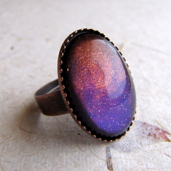 Purple and Copper Cocktail Ring in Antiqued Copper