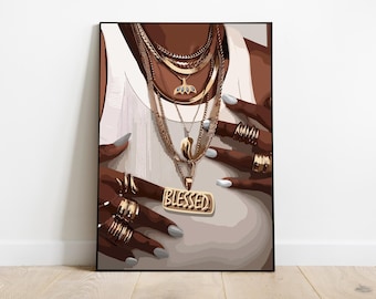 Black woman art, Black girl art, Black wall art, girl wall art, Black Woman Print: Gold Art, instant download, Urban Melanin Decor, Jewelry