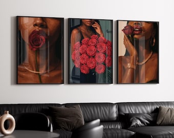 4 set art, Black woman art, Black girl art, Black wall art, girl wall art, Black Woman Art Print: Red Rose art, instant download, urban art