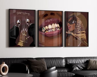 4 set art, Black woman art, Black girl art, Black wall art, girl wall art, Black Woman Art Print: Gold Grills instant download
