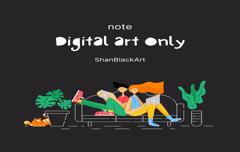 May include: Two people are sitting on a couch, using laptops. The couch is gray and has a white outline. There are two plants in pots on either side of the couch. The text "note Digital Art Only ShanBlackArt" is at the top of the image.