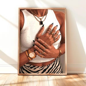 Black Woman Fashion Illustration: Gold Jewelry Glam Decor (Digital Download)