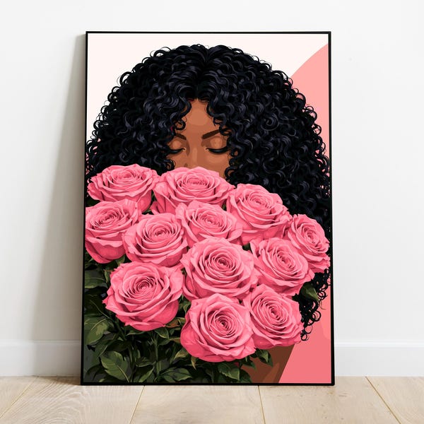 Black Woman Art, Pink Roses Art, Black Woman Wall Art, Black Girl Wall Art, African wall art, Black girl art, Wall Art Digital, Fashion Art