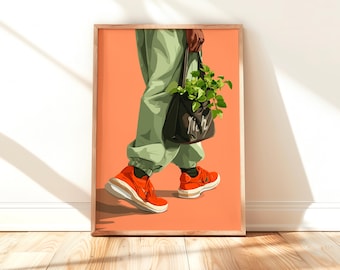 Black Woman Art, Plant Art, Black Woman Wall Art, Black Girl Wall Art, Girl wall art, Black girl art, Wall Art Digital, Orange Fashion Art