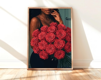 May include: A framed illustration of a person holding a bouquet of red roses. The person is wearing a black dress and has dark hair.