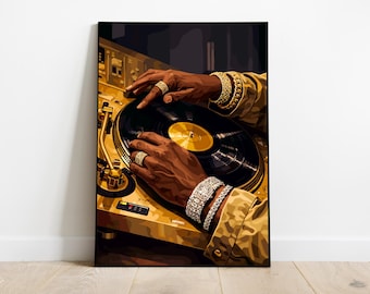 Arte de hombre negro, arte moderno, vinilo dorado para pared, arte de chica negra, arte africano para pared, arte de chica negra, arte urbano de DJ, arte de moda musical.