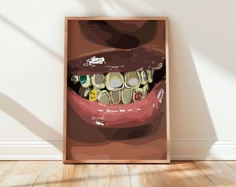 Arte de mujer negra, arte de niña negra, arte mural negro, arte mural de niña, impresión artística de mujer negra: Gold Grills, descarga instantánea (descarga digital)