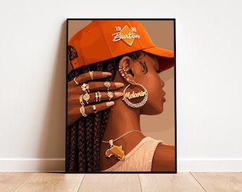 Black Woman Art, Modern Art, Black Woman Wall Art, Black Girl Wall Art, African wall art, Black girl art, Wall Art Digital, Orange Cap Art