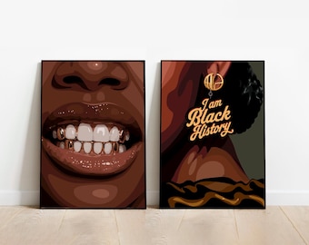 2 Set Art, Black woman art, Black girl art, Black wall art, girl wall art, Black Woman Art Print: Gold Grills instant download. urban art