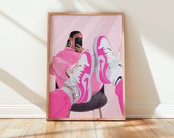 Black woman art, Black girl art, Black wall art, girl wall art, Black Woman Art Print: Pink shoe art, instant download (Digital Download)