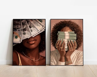 3 set art, Black Woman art, Money Art Print, Luxury Digital Wall Art | Black Woman Art with Money | Modern Afro Art Print, Digital Download