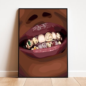 Black Woman Gold Grill Art Print: Fashion Home Decor (Digital Download)