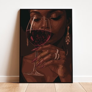 Black Woman Art Print: Elegant Afrocentric Wine Decor (Digital Download)