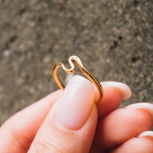 May include: A gold-colored ring with a wavy design is held in a hand with manicured nails. The ring's unique shape adds a touch of modern flair. The background is a textured, gray surface.