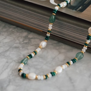 Sage Jade & Pearl Beaded Necklace - 18K Gold Filled Layering Necklace