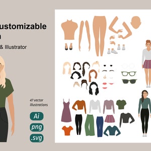 May include: A set of 47 vector illustrations of a customizable woman. The set includes different hairstyles, clothing, accessories, and body parts. The illustrations are in a flat style and are perfect for creating unique characters.