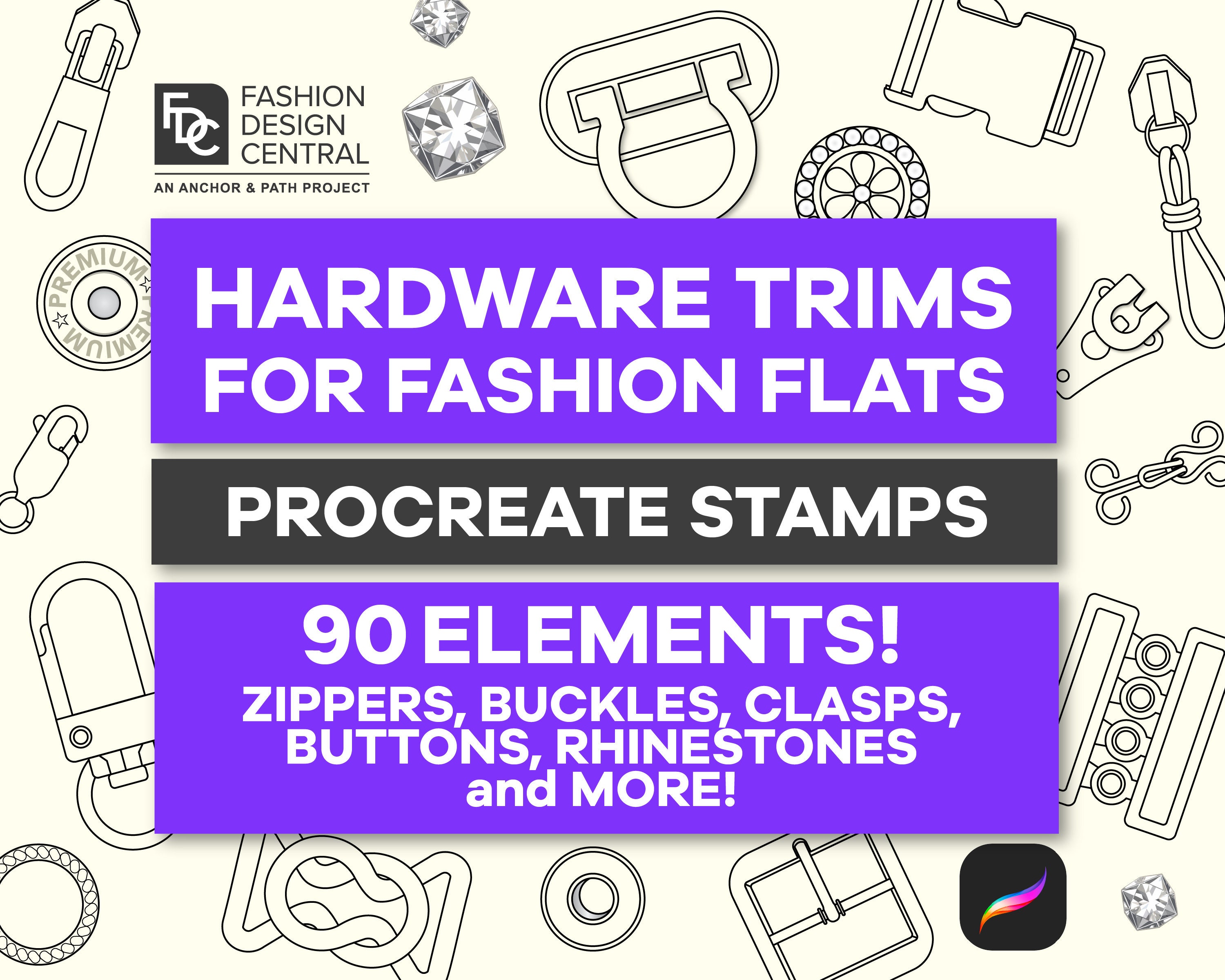 90 pinceles de sello para Procreate — Herrajes de moda para tech packs y flats: hebillas, cremalleras, botones, broches, strass