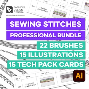 Könnte beinhalten: Ein Set mit 22 Nähstich-Pinseln, 15 Illustrationen und 15 Tech-Pack-Karten für Modedesign. Das Bild zeigt eine Vielzahl von Stichen, darunter 2-Faden-Overlock, 4-Faden-Coverstich und Flatlock-Coverstich. Der Text "SEWING STITCHES PROFESSIONAL BUNDLE" wird in einem violetten Kasten angezeigt. Die Texte "22 BRUSHES", "15 ILLUSTRATIONS" und "15 TECH PACK CARDS" werden in grünen Kästen angezeigt. Das Adobe Illustrator-Logo wird in der unteren rechten Ecke angezeigt.