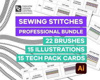 22 Professional Stitch BRUSHES & 15 Technical Stitch Drawings for ADOBE ILLUSTRATOR | Tech Pack | Overlock, Coverstitch, Chainstitch + More
