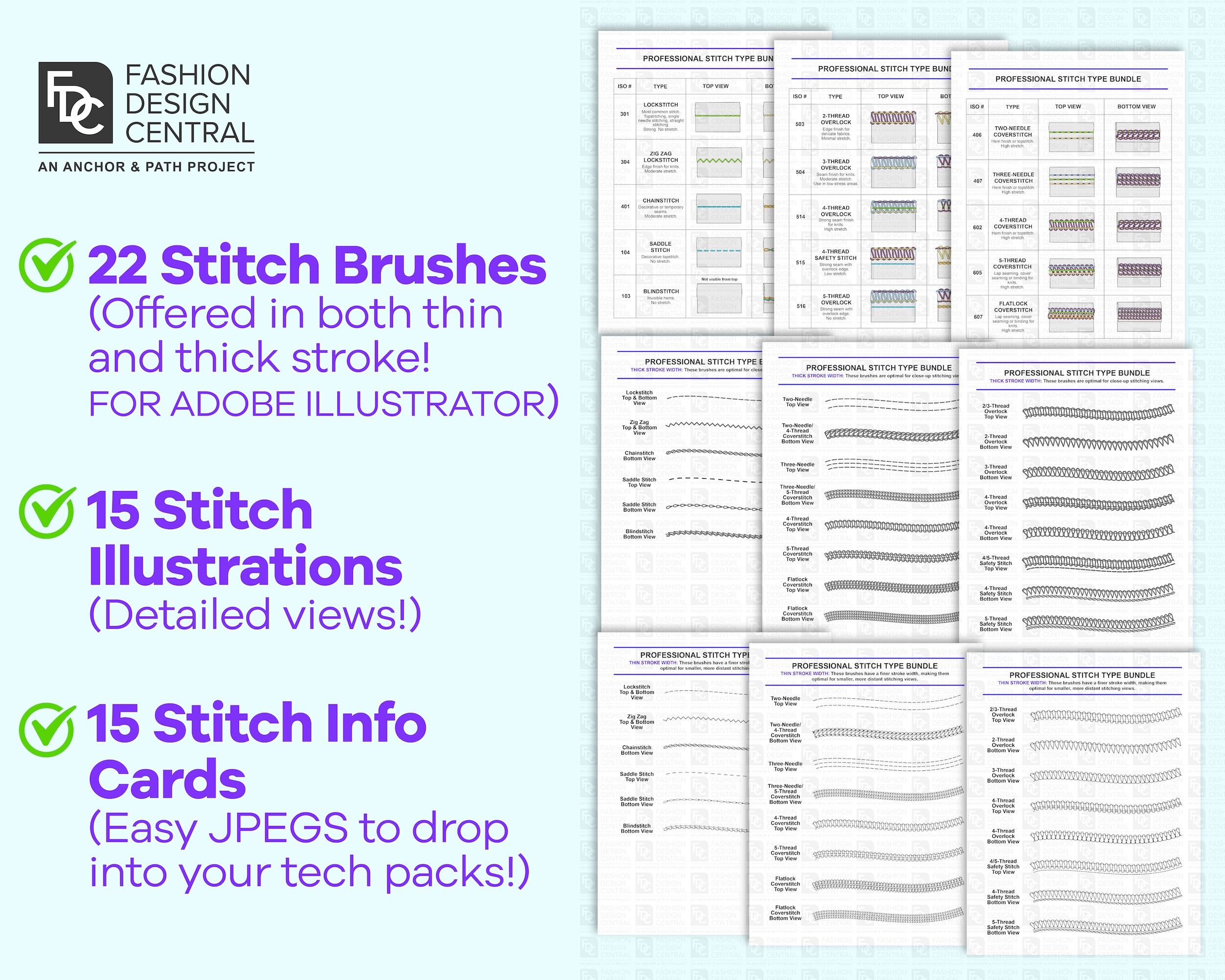 22 Professional Stitch BRUSHES & 15 Technical Stitch Drawings for ADOBE ...
