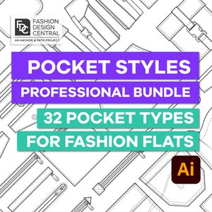 32 Pocket Styles: Fashion Flats, Tech Drawings (Adobe Illustrator)
