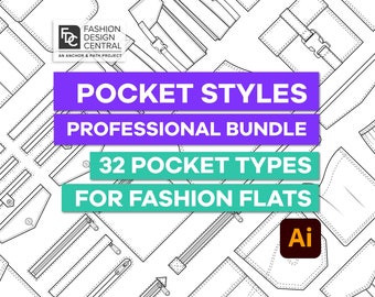 Professional POCKET Bundle | 32 Pocket Styles for Technical Drawings | ADOBE ILLUSTRATOR | Fashion Flats, Fashion CADs | 32 Pocket Types