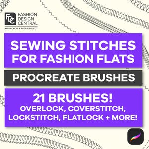 21 Professional Sewing Stitches BRUSHES for PROCREATE | Tech Pack, Fashion Flats | Overlock, Coverstitch, Chainstitch + More