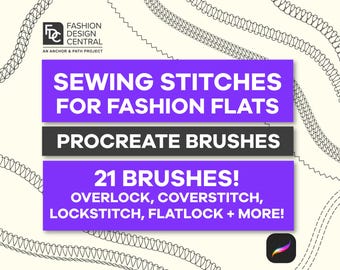 21 Professional Sewing Stitches BRUSHES for PROCREATE | Tech Pack, Fashion Flats | Overlock, Coverstitch, Chainstitch + More