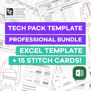 de Mode professionnelle TECH PACK | Modèle EXCEL pour créateurs de mode | Cartes d'informations sur les points en prime ! | Nomenclature, fiche technique, coloris