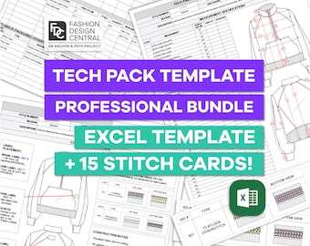 May include: A tech pack template bundle for fashion designers, featuring a professional Excel template and 15 stitch cards. The bundle includes a sample tech pack for a hooded sweatshirt with measurements and specifications.