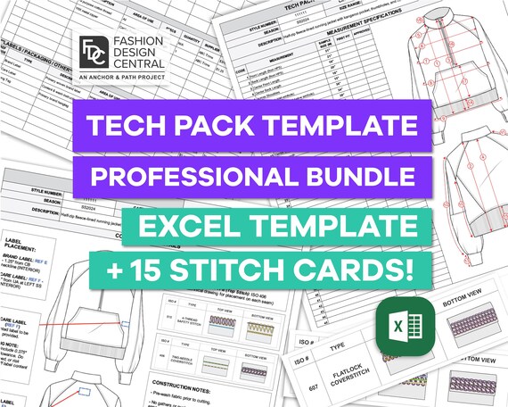 Professional Fashion TECH PACK Template | EXCEL Template for Fashion Designers | Bonus Stitch Info Cards! | Bom, Spec Sheet, Colorways
