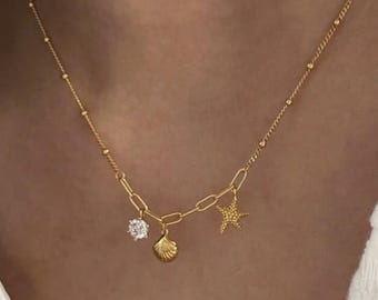 Beach Charm Necklace | Starfish Seashell Pendant | Charm Chain | Coastal Jewelry