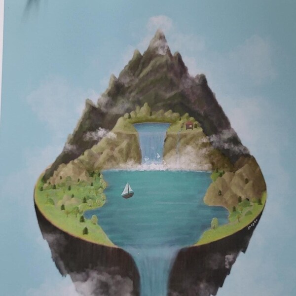 Floating Island Poster | 6x12 Print of Lush, Floating Island w/ Mountains, Lakes, Waterfalls, Sailboat, Cabin, Trees | Gouache Style