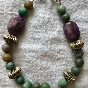 Greens Silver Purple beaded bracelet