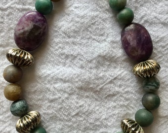 Greens Silver Purple beaded bracelet