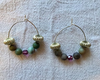 Silver Greens Purple beaded hoop earrings