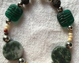 Greens Browns Silver beaded bracelet