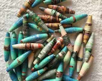 45 handmade paper beads - bicone shape - blue pink brown multicolor