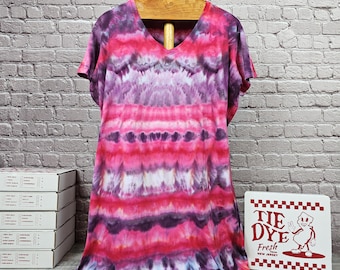 2X/3X Hand Dyed Tie Dye T-Shirt Dress | LAT 3522 V-Neck Beach Coverup, Boho Nightshirt, Soft Cotton Lounge dress