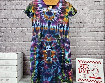 S/M Hand Dyed Tie Dye T-Shirt Dress | LAT 3522 V-Neck Beach Coverup, Boho Nightshirt, Soft Cotton Lounge dress