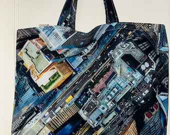 Handmade Reversible Tote Bag: City Skyline, Washable Market Bag