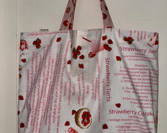 Strawberry Season Recipes - Handmade Reversible, Washable Tote Bag / Reusable Bags