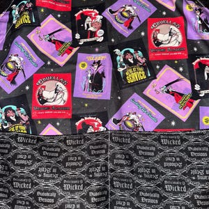 May include: Fabric featuring a repeating pattern of villainous characters from a classic animated film. The design includes images of Cruella De Vil, with text that reads "Cruella's Driving Academy" and "We're at your service". The bottom section has a black and white pattern with the words "Wicked" and "Diabolically Devious".