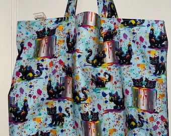 Paint Can Kitties Mischievous Black Cats - Handmade Reversible Washable Tote Bag