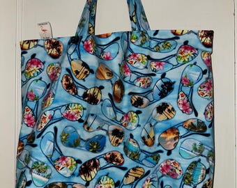 Summer Sunglasses & Flip Flops - Handmade Reversible Washable Tote Bag or Beach Bag