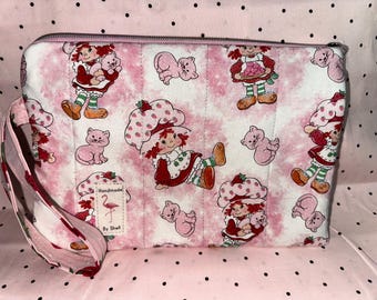 Handmade, Quilted, Zippered Pouch - Strawberry Shortcake & Custard